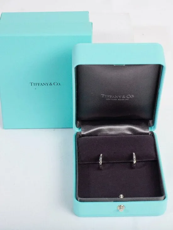 Authentic Tiffany & Co. 18k White Gold Small Diamond Lock Hoop Earrings - Picture 1 of 5